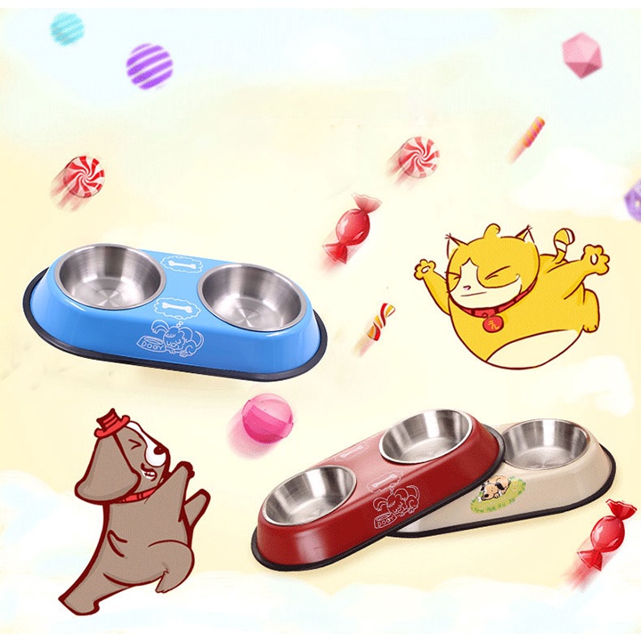 Bát ăn 2 ngăn/ Tô đôi/ Chén lòng inox tháo rời dễ dàng vệ sinh, khay bát có lót viền cao su chống trơn trượt cho chó mèo