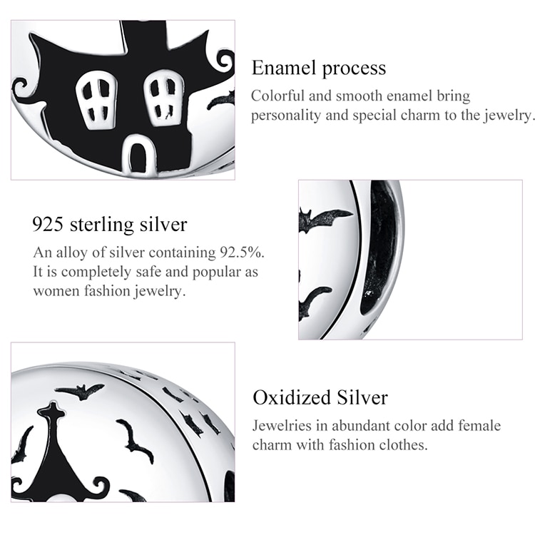 Hạt charm Bamoer SCC1615 mạ bạc 925 in hình lâu đài ma trang trí vòng tay thời trang cho nữ