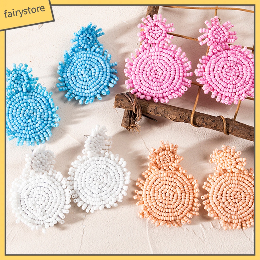 1 Đôi Bông Tai Màu Trơn Đính Hạt Hình Bông Hoa Phong Cách Bohemia Dành Cho Nữ