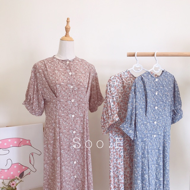 Đầm hoa vintage, nút ngực (Hồng đất, Xanh dương, Trắng)