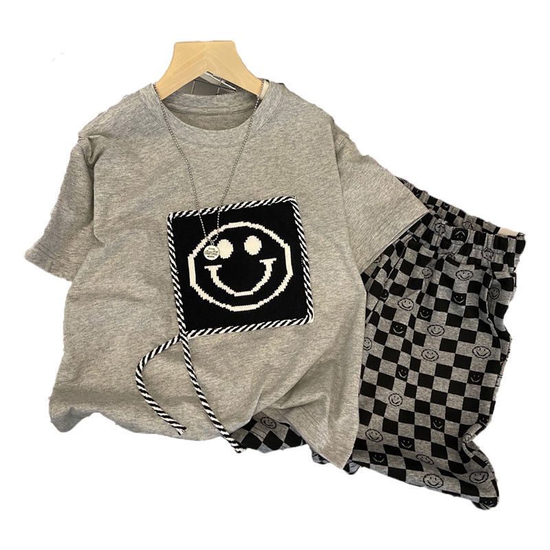 Set Áo Thun Ngắn Tay In Hình Mặt Cười + Quần Short Thời Trang Mùa Hè Cho Bé Trai
