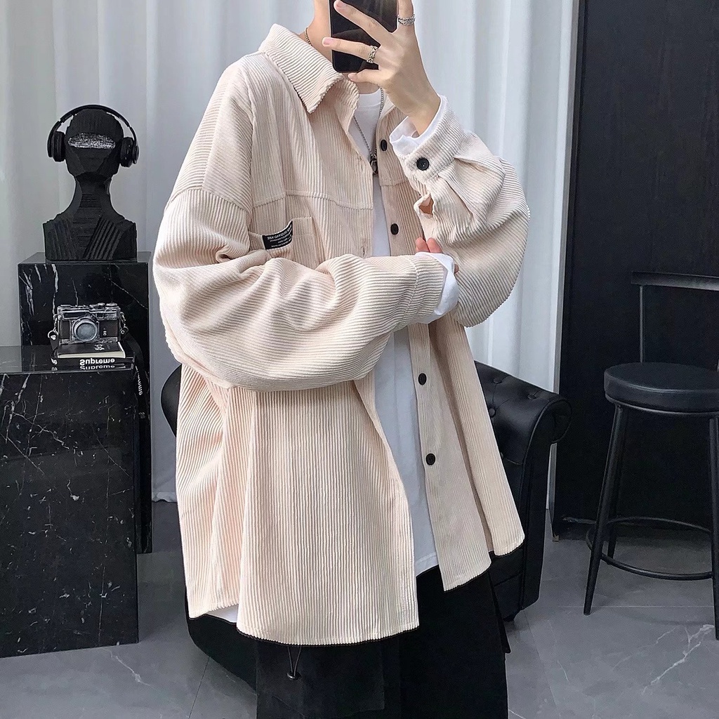 Áo nhung Áo sơ mi kaki vải nhung tăm Áo Sơ Mi Trơn Tay Dài Dáng Rộng Kẻ Sọc Đơn Giản Thời Trang Cho Nam Giới áo màu trơn
