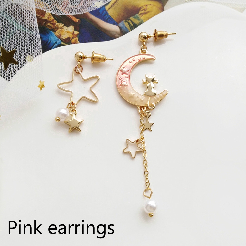 Bông tai bất đối xứng hình trăng sao đính ngọc trai xinh xắn thời trang