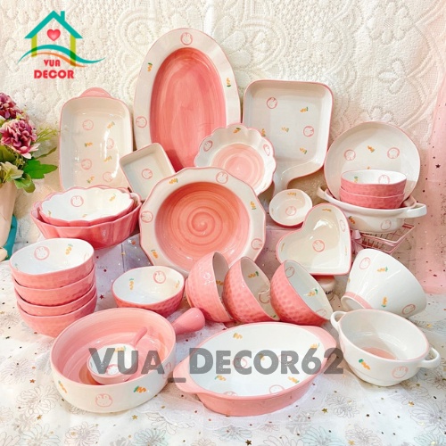 Chén Dĩa Dễ Thương Đĩa Sứ Set Bát Đĩa Decor Bát Ăn Cơm Chén Sứ Đẹp Mầu Hồng S102