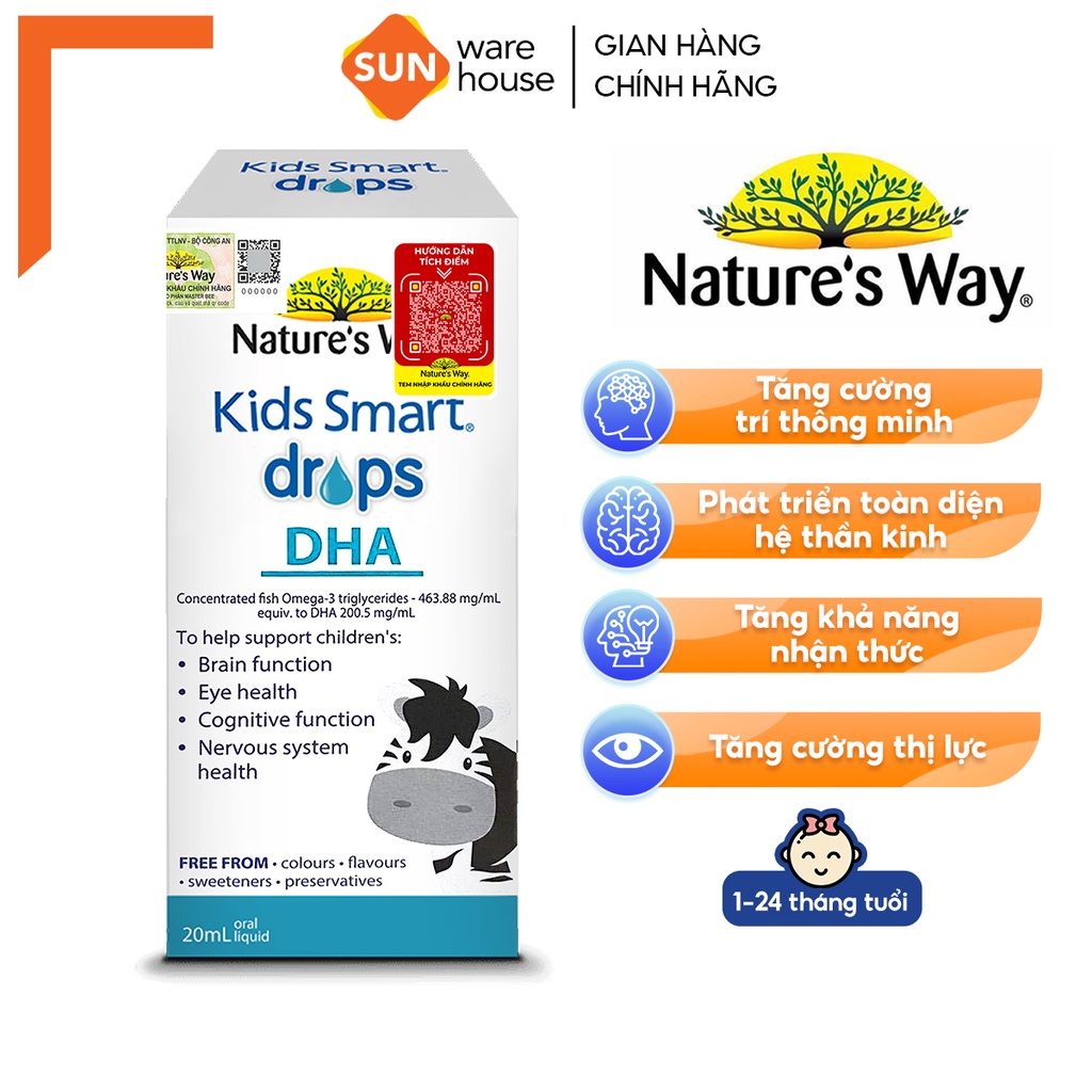 DHA Nature's Way Kids Smart Drops DHA Dạng Giọt Giúp Tăng IQ, Phát Triển Não Bộ Cho Bé 20ml