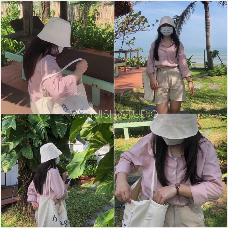 Áo Sơ Mi Vải Cotton Dài Tay Màu Hồng Cho Nữ