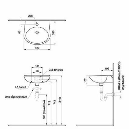 Lavabo chậu rửa mặt Inax Treo Tường L-283V cỡ nhỏ, ko xả tràn