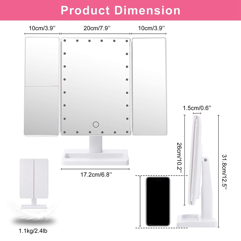 Gương Trang Điểm Gấp Gọn Có 22 Đèn LED Phóng Đại 10X / 3X / 2X