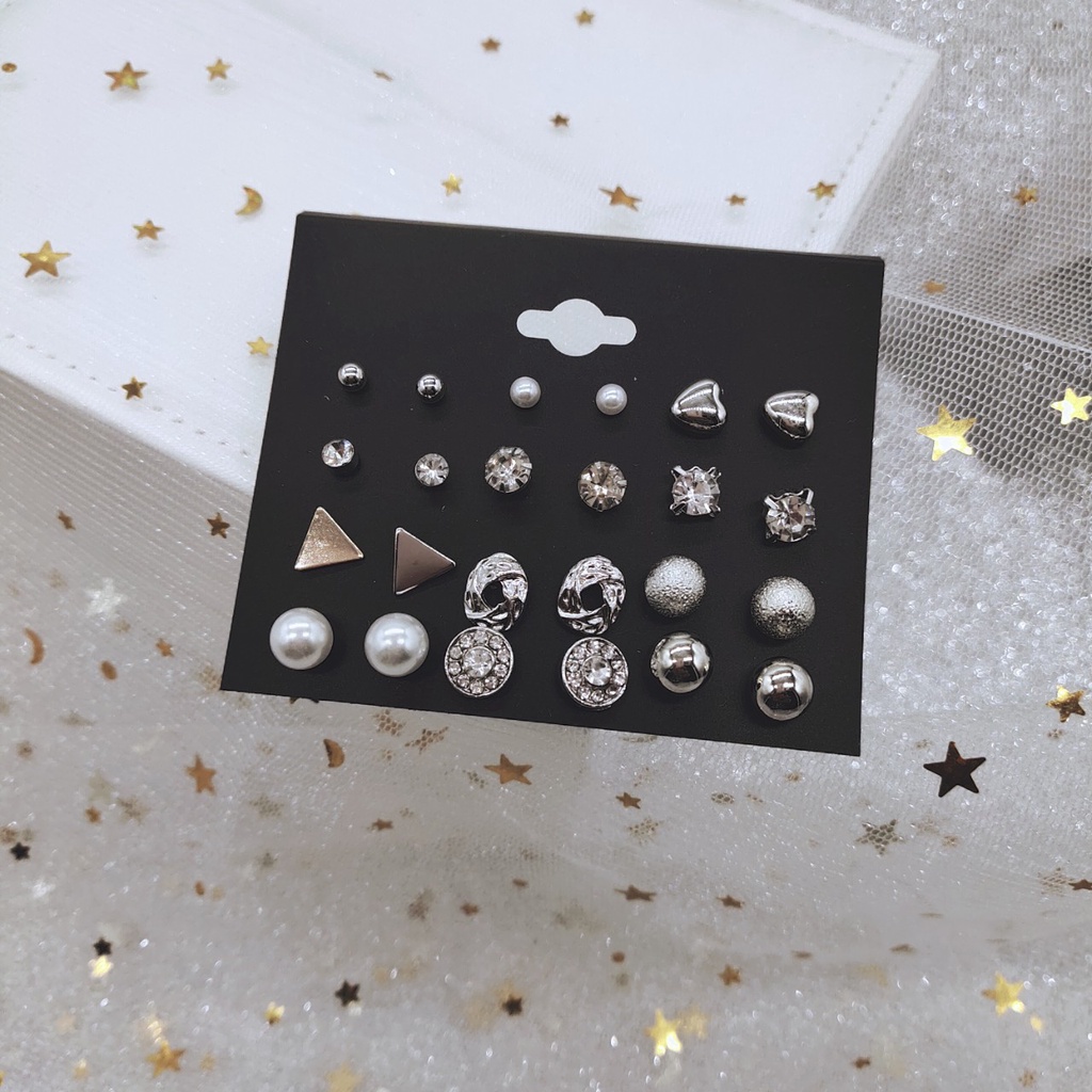 Set 12 Đôi Khuyên Tai Kim Loại Đính Đá Thời Trang Dành Cho Nữ