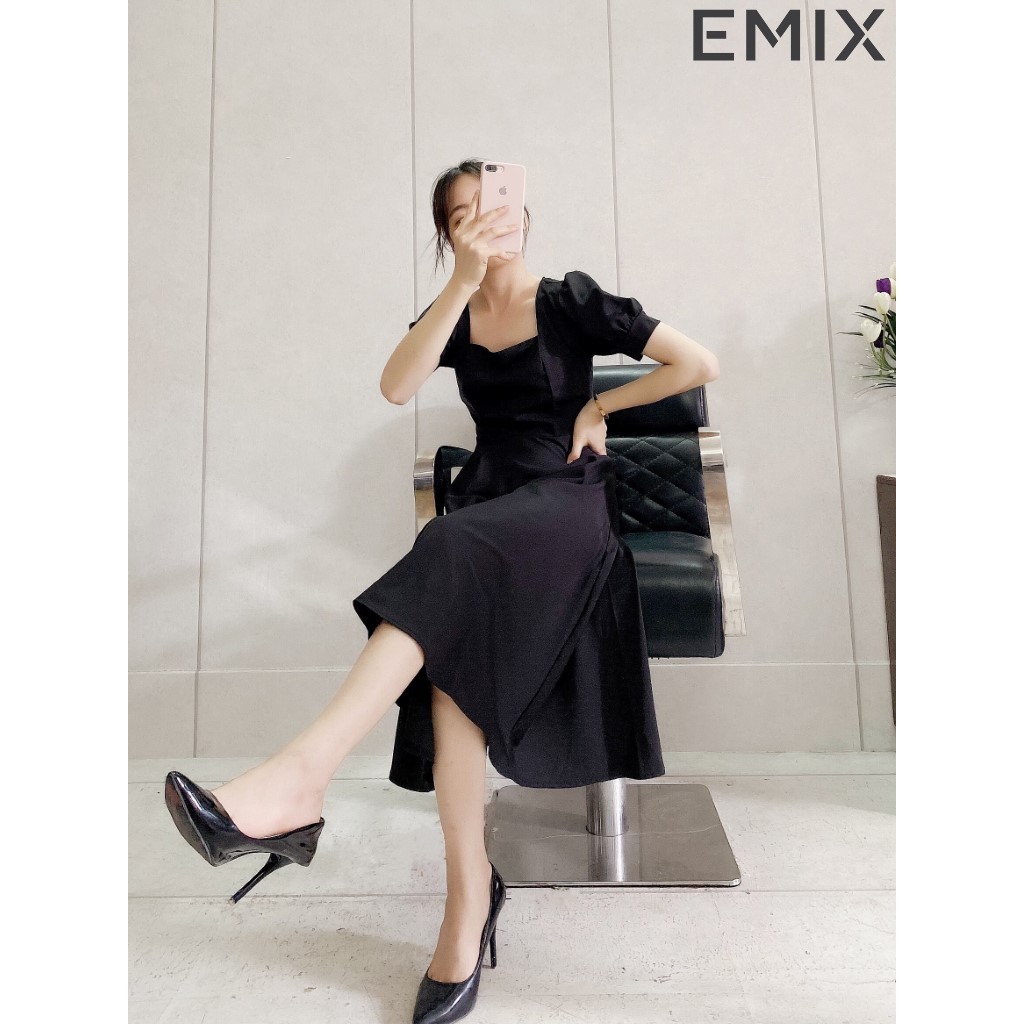 Đầm công sở nữ cổ vuông EMIX (3 màu), cộc tay, tay bồng, chất lụa nhẹ cao cấp, ít nhăn, không bai màu, không lộ