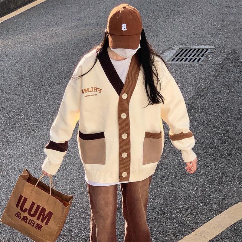 Áo Khoác Cardigan Dệt Kim Tay Dài Cổ Chữ V Dáng Rộng Thêu Chữ Phối Màu Thời Trang Vintage Dành Cho Nữ