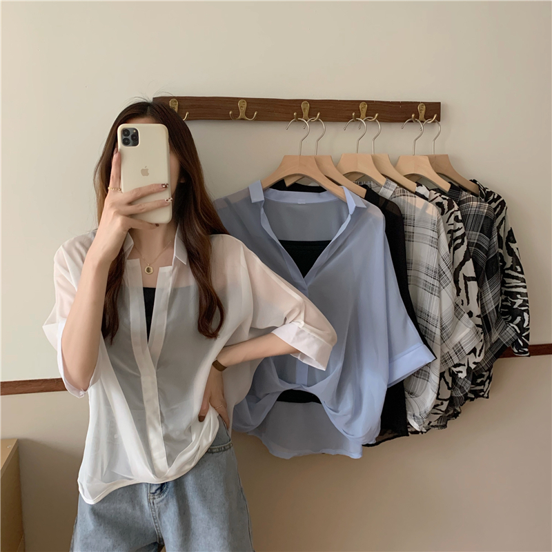 SUXI Áo khoác chiffon cổ V dáng rộng chống nắng thời trang trẻ trung nữ tính