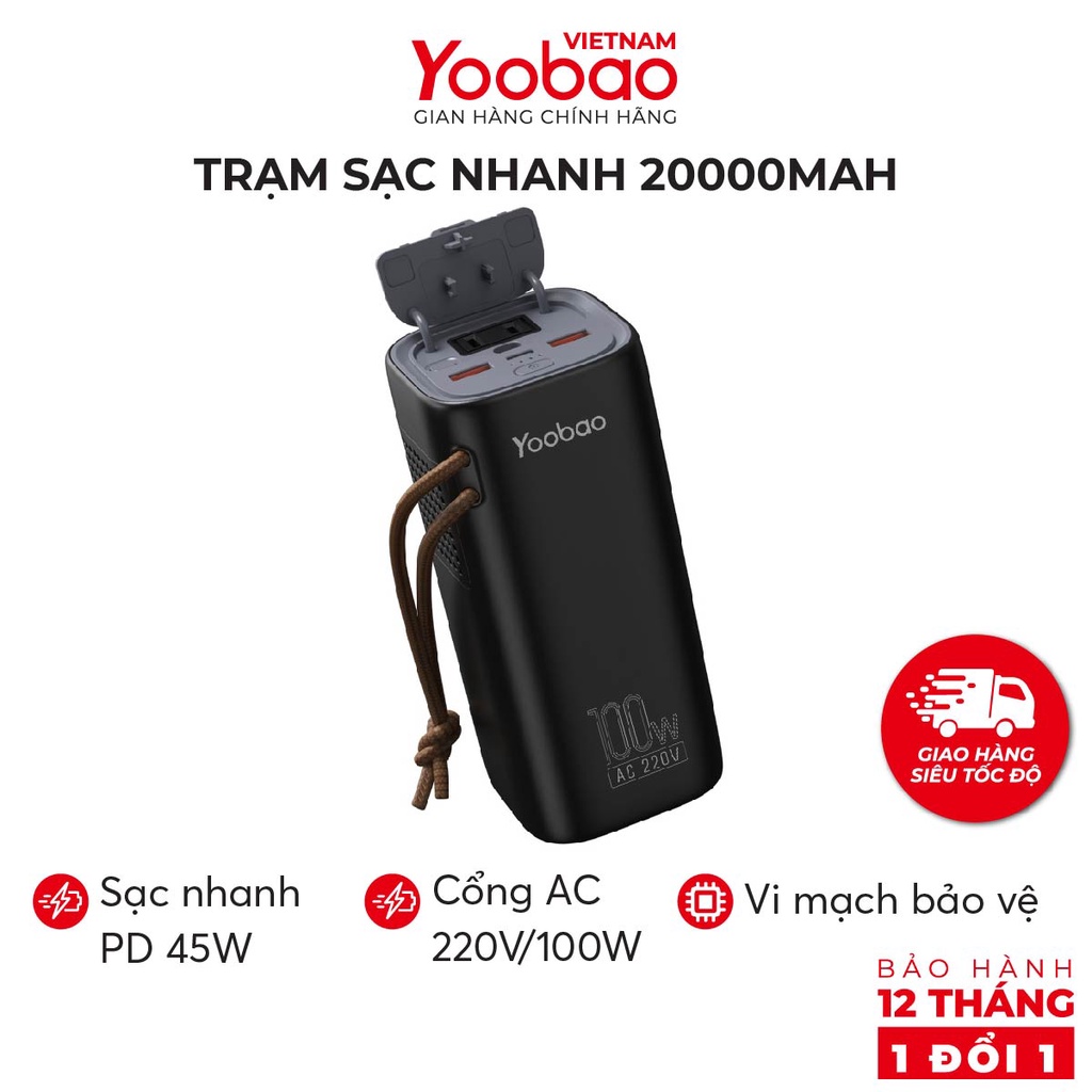 Trạm sạc dự phòng Yoobao EN100 dung lượng 20000mAh, tích hợp đèn pin PD45W 220V/100W