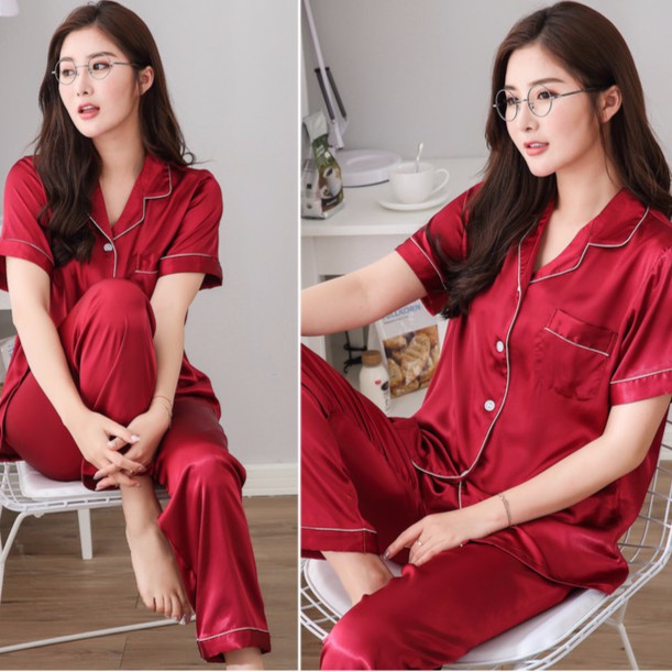 Đồ bộ pijama phi bóng nữ | Bộ đồ ngủ lụa pijama nữ cộc tay quần dài đẹp cao cấp Hàn Quốc