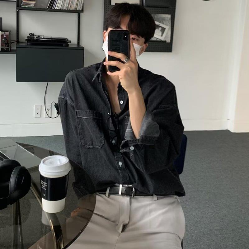 Áo Sơ Mi Denim Tay Dài Dáng Rộng Thời Trang Cho Nam