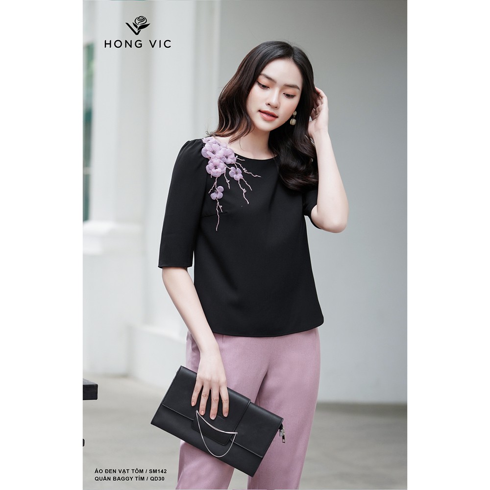 Áo nữ thiết kế Hongvic đen vạt tôm SM142