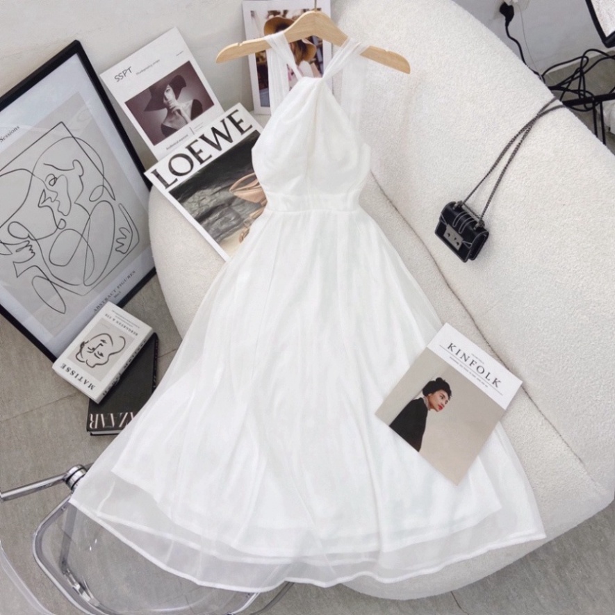 Váy đầm nữ midi dáng xòe cổ yếm hở vai thiết kế trẻ trung nhẹ nhàng cho nữ Đ04 NEW loại tốt
