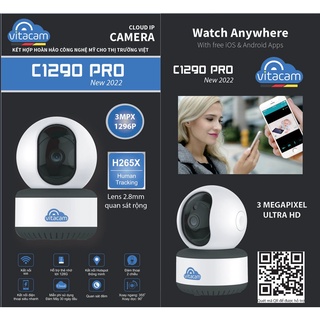 Mua  Chính Hãng  Camera Ip WiFi Vitacam C1290 Pro - 3.0Mpx Ultra HD 1296P Chuẩn H265X - Bản Nâng Cấp Của C1280 Cũ