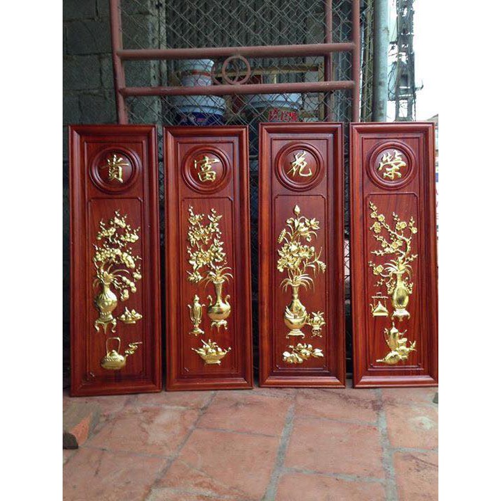Tranh tứ quý tích tùng cúc trúc mai gỗ hương dát vàng