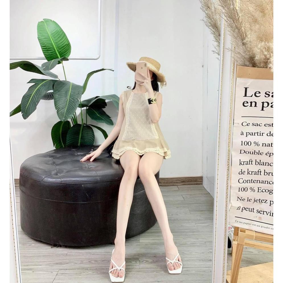 Đồ bộ nữ màu be viền phối ren, set áo ba lỗ đũi phối ren mix quần sooc xinh xắn - S26  , thời trang nữ | BigBuy360 - bigbuy360.vn