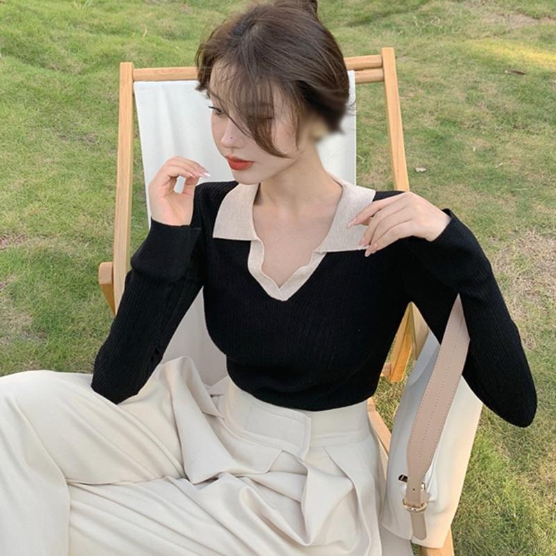 Áo dệt kim tay dài màu sắc đơn giản phong cách Hàn Quốc thời trang cho nữ