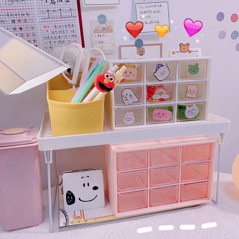 LYANWN Hộp 9 ngăn kéo,kệ 9 ô mini chống bụi lưu trữ để bàn văn phòng phẩm trang sức/vòng tay/mỹ phẩm dễ thương Hàn Quốc