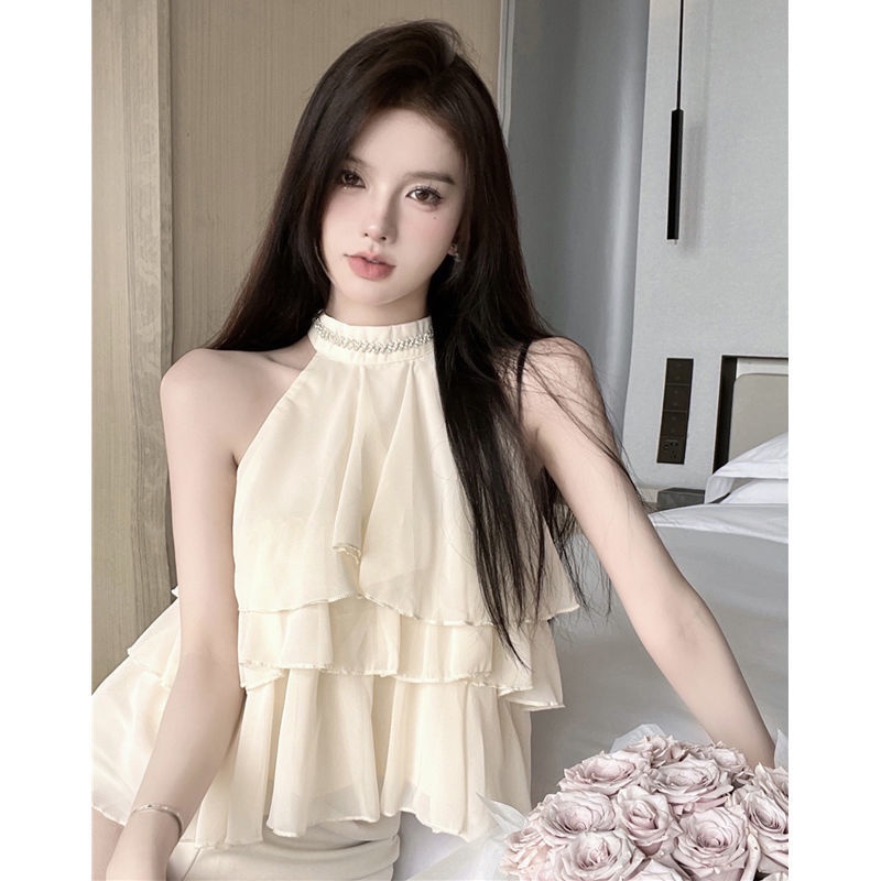 Áo Chiffon Không Dây Phối Bèo Đính Đá Phong Cách Công Nghiệp Thời Trang Mùa Hè Mới 2022