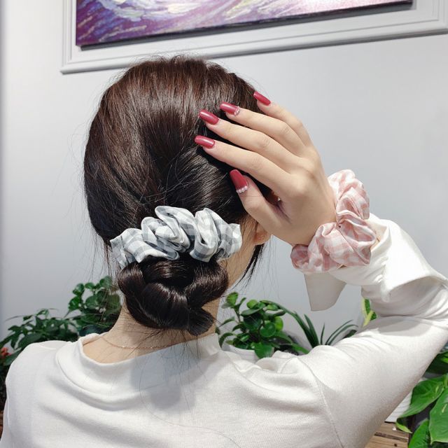 Dây cột tóc vải scrunchies vải caro vintage
