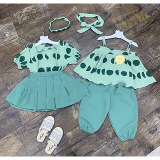 set váy, quần 6 món chấm bi