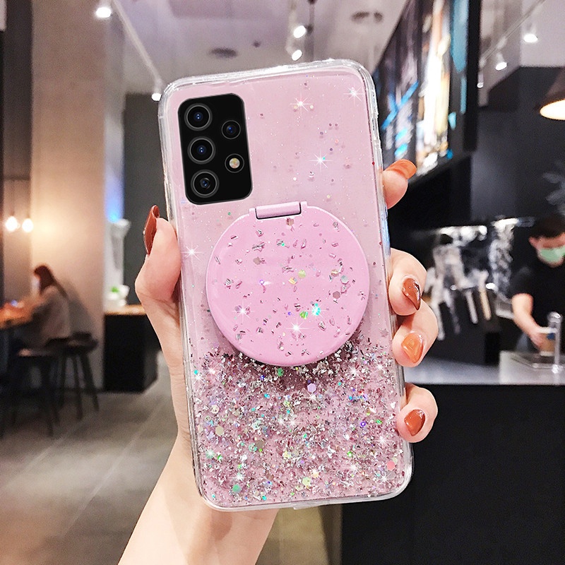 Ốp Điện Thoại Mềm Màu Trong Suốt Lấp Lánh Phối Gương Trang Điểm Có Nhẫn Đỡ Cho Samsung Galaxy A23 4G
