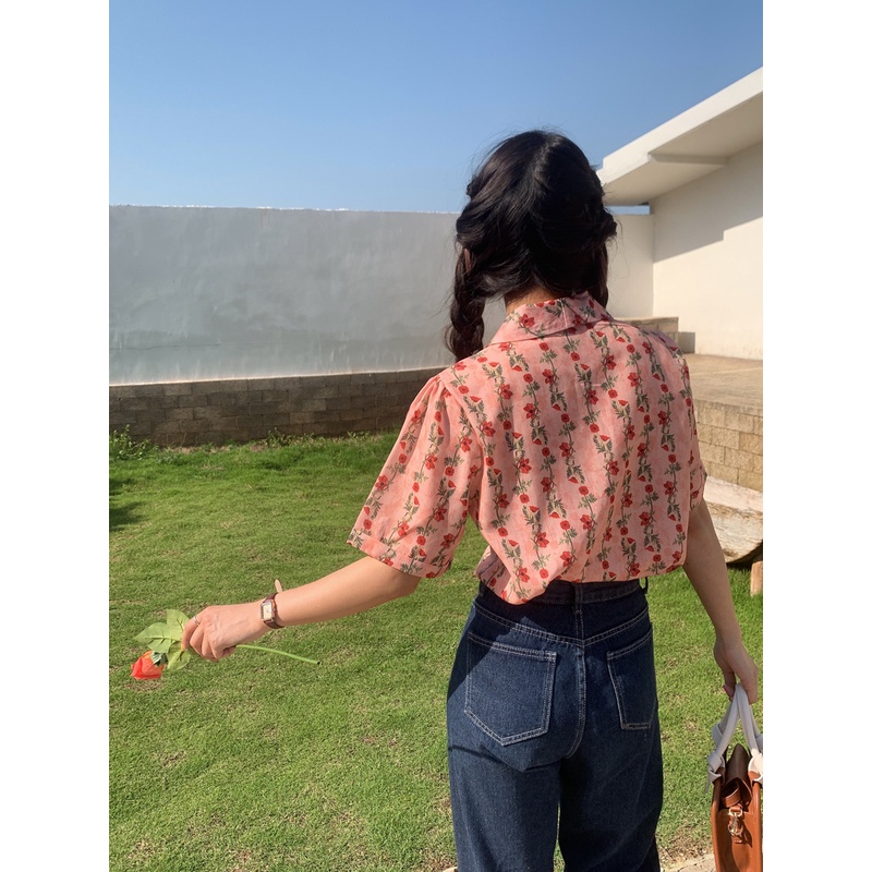 Áo Sơ Mi Tay Ngắn Họa Tiết Hoa Phong Cách retro Thời Trang Hàn Quốc Cho Nữ