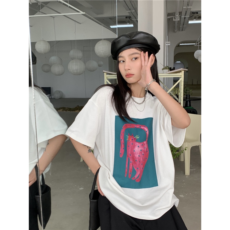 Áo Thun Cotton Tinh Khiết Tay Ngắn Dáng Rộng In Hình Báo Hồng 49896 Thời Trang Cho Nữ