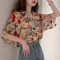 Áo sơ mi chiffon tay ngắn in họa tiết phong cách Hàn Quốc thờI trang cho nữ