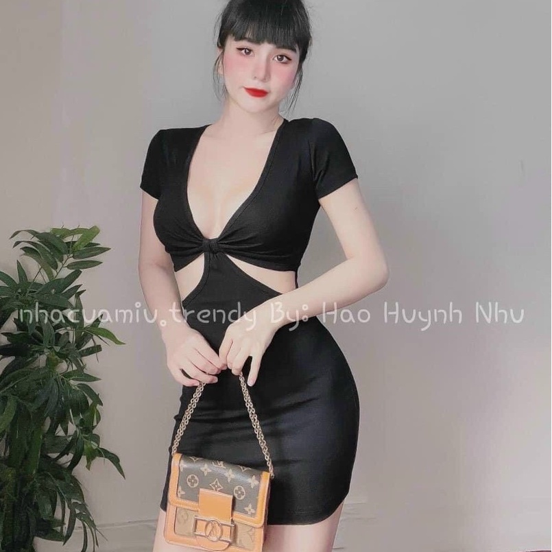 đầm body tay ngắn thun bozip hở 2  bên eo cột ngực lk