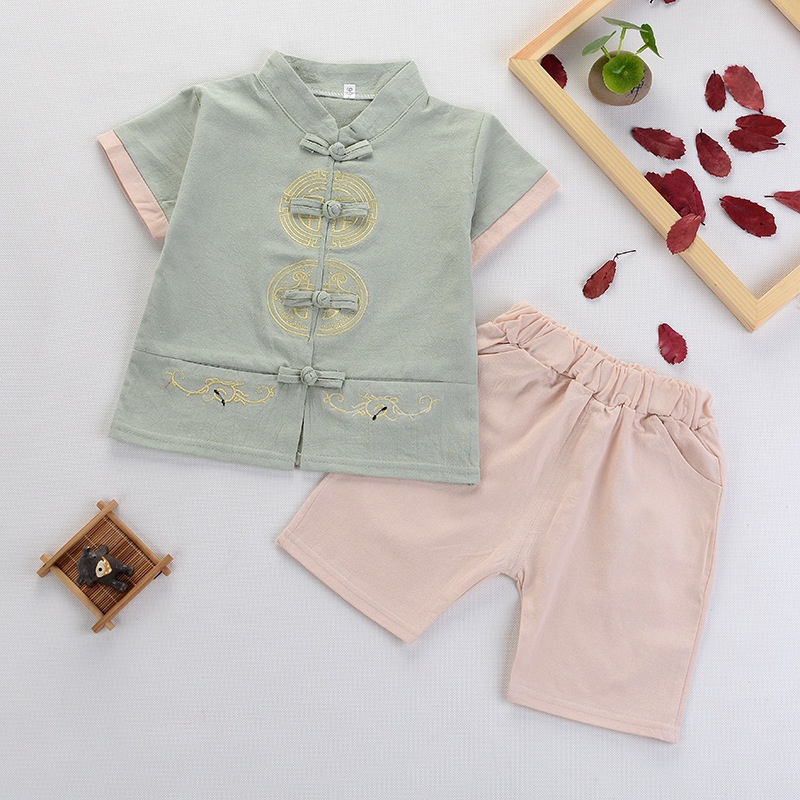 Set Áo Thun Ngắn Tay + Quần Dài Thêu Họa Tiết Phong Cách Trung Hoa Mừng Năm Mới Cho Bé Trai