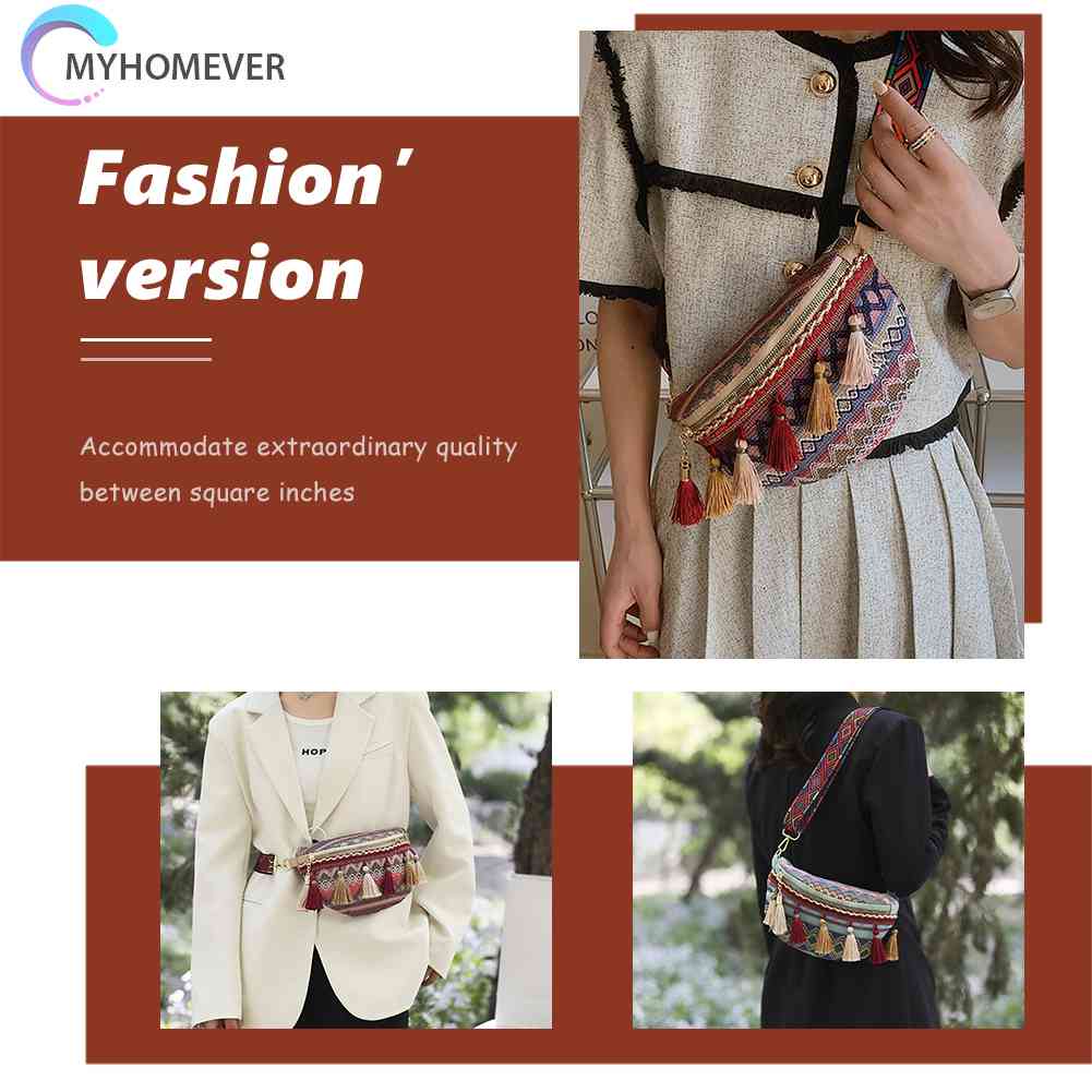 Túi Đeo Chéo Ngực Vải Canvas Phối Tua Rua Phong Cách Thổ Cẩm