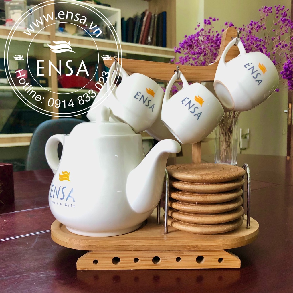 Bộ ấm chén giá tre + đĩa tre cao cấp