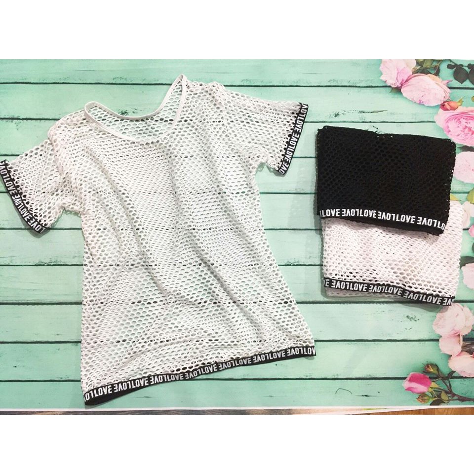 Áo choàng bikini đi biển lưới đen trắng cá tính