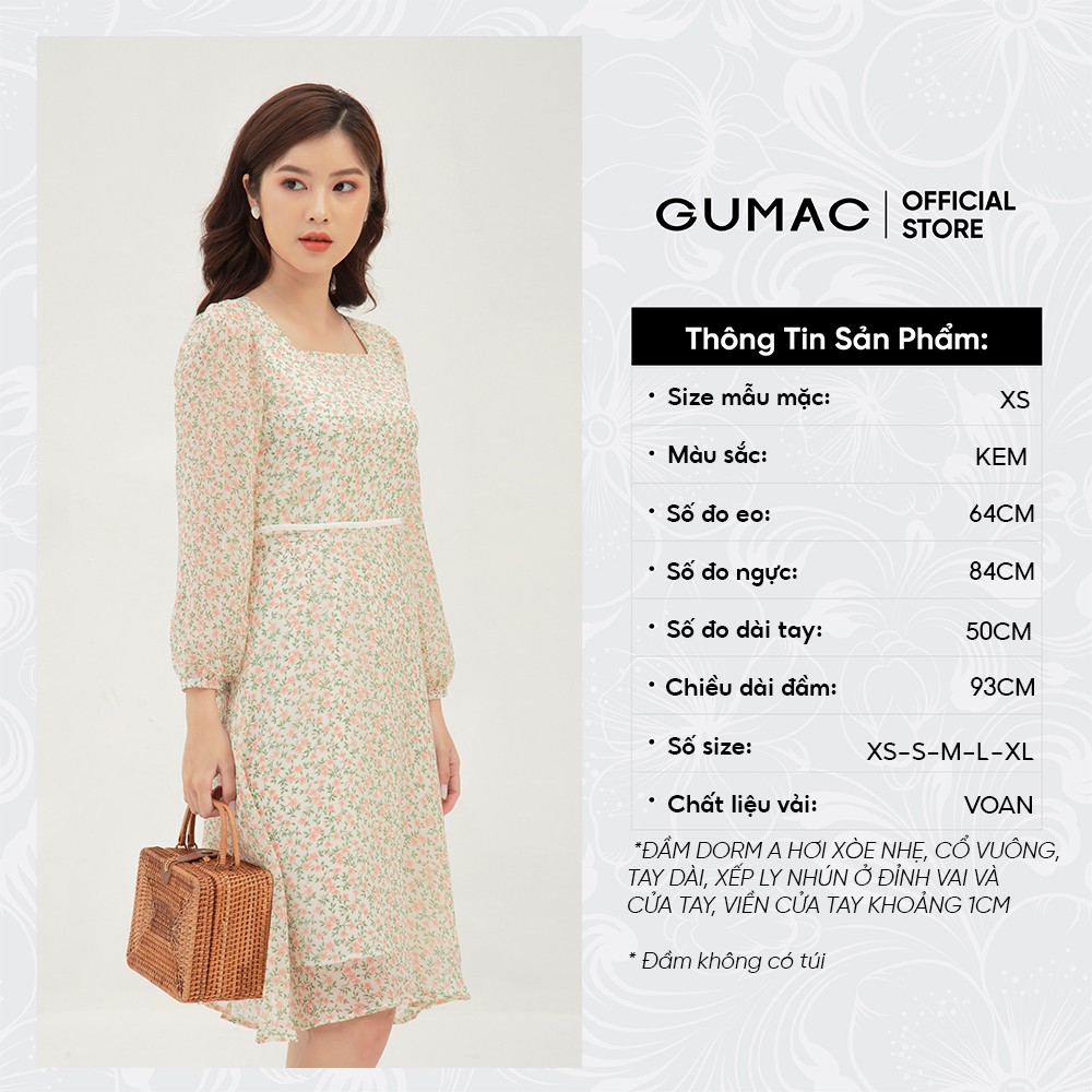 [Mã MABR07062 giảm 8% tối đa 50K đơn từ 249K] Đầm xòe nữ hoa nhí cổ vuông tay dài GUMAC màu kem, đủ size DB3109 | BigBuy360 - bigbuy360.vn