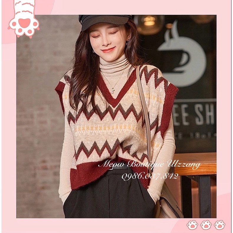 Áo len gile hoạ tiết ziczac phối viền đỏ siêu tôn da phong cách ulzzang Hàn Quốc kèm ảnh thật dễ phối đồ