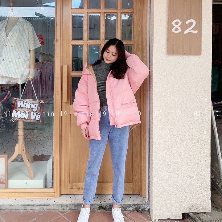 Áo phao nữ Hàn Quốc MIN19 áo khoác form rộng siêu nhẹ dáng dài chùm mông vải kaki chống nước màu vàng hồng thời trang | BigBuy360 - bigbuy360.vn