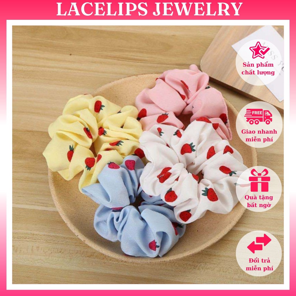 Dây buộc tóc Scrunchies lụa thời trang in hình quả dâu tây