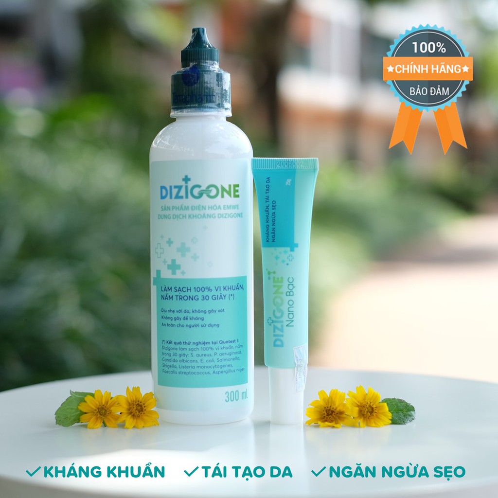 [BỘ ĐÔI] Dung dịch DIZIGONE 300ml và Kem DIZIGONE NANO BẠC: kháng khuẩn, tái tạo da, ngăn ngừa sẹo