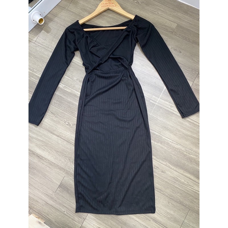 Đầm Thun Gân Tay Dài Ôm Body Trễ Vai Xoắn Chéo Hở Lưng Sexy DRDT04 Mys hitshop | BigBuy360 - bigbuy360.vn