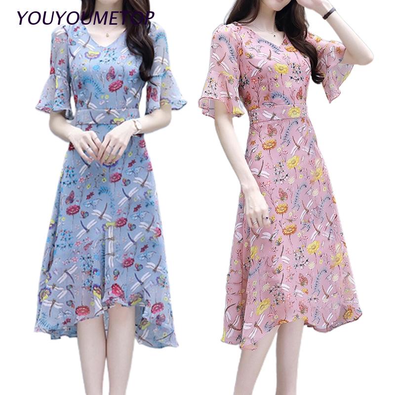 Đầm Midi Dáng Chữ A Tay Loe Cổ Chữ V In Họa Tiết Hoa Thời Trang Xinh Xắn Cho Nữ