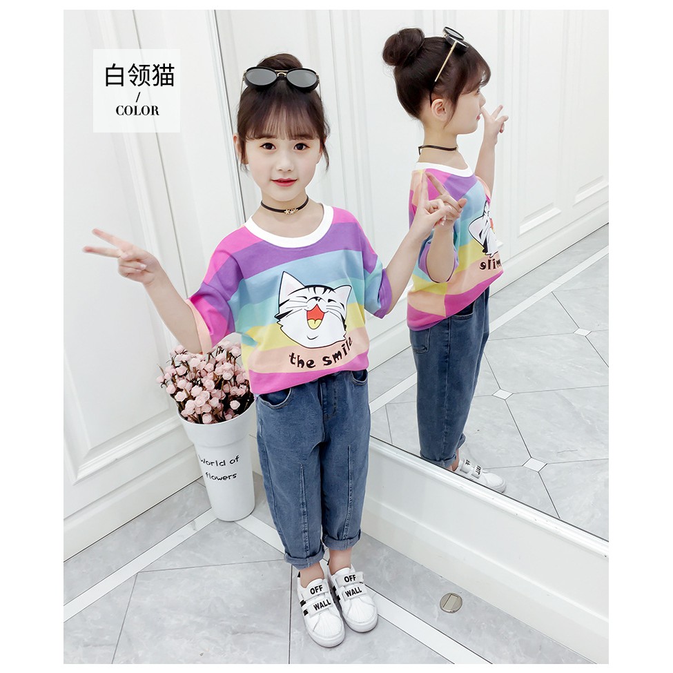 Áo phông bé gái lớn họa tiết mèo the smile