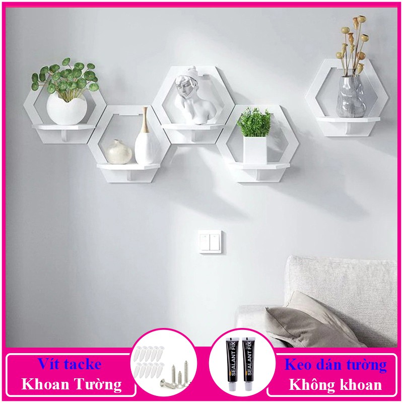 Kệ treo tường trang trí không cần khoan, chất liệu gỗ nhựa cao cấp màu trắng, decor không gian sống - a27