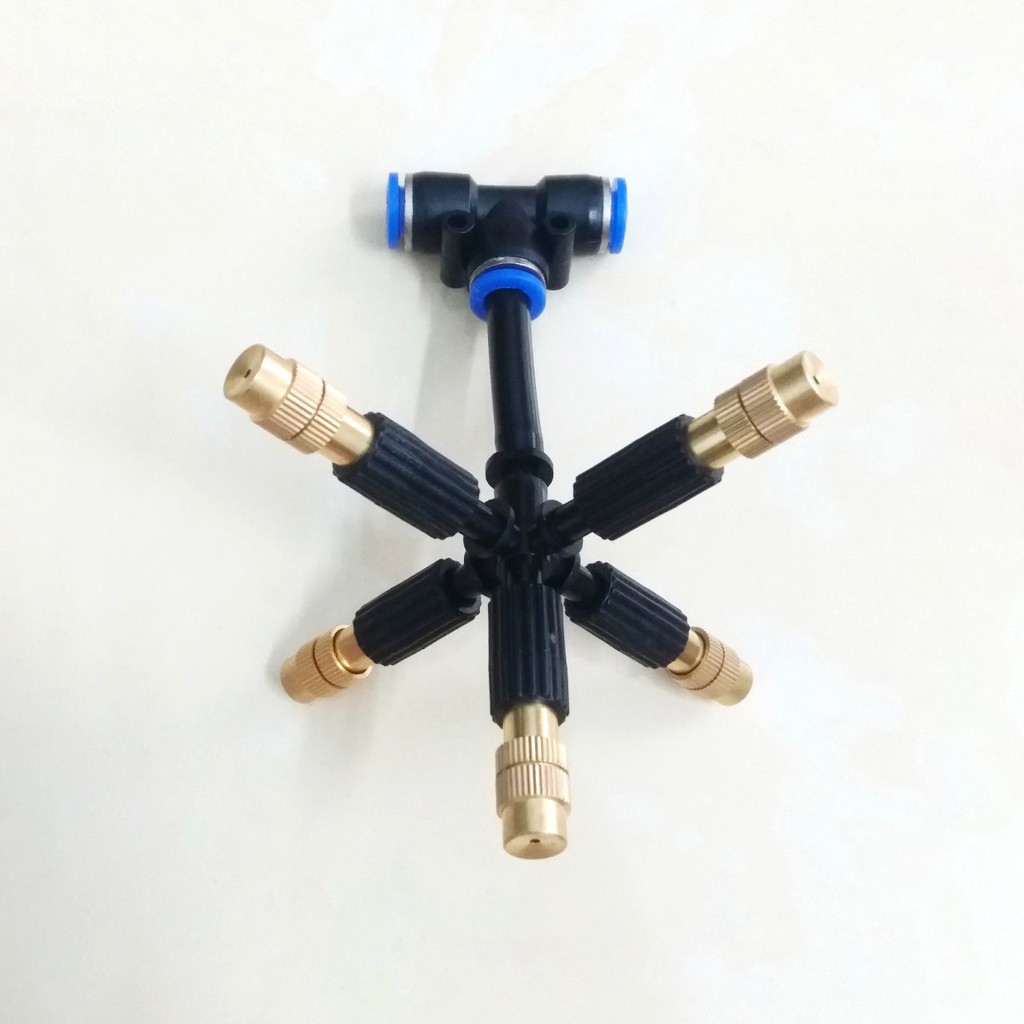 Béc Phun Sương Bằng Đồng 5 Hướng + Tê Nối Ống 8mm Và Van Chống Nhỏ Giọt