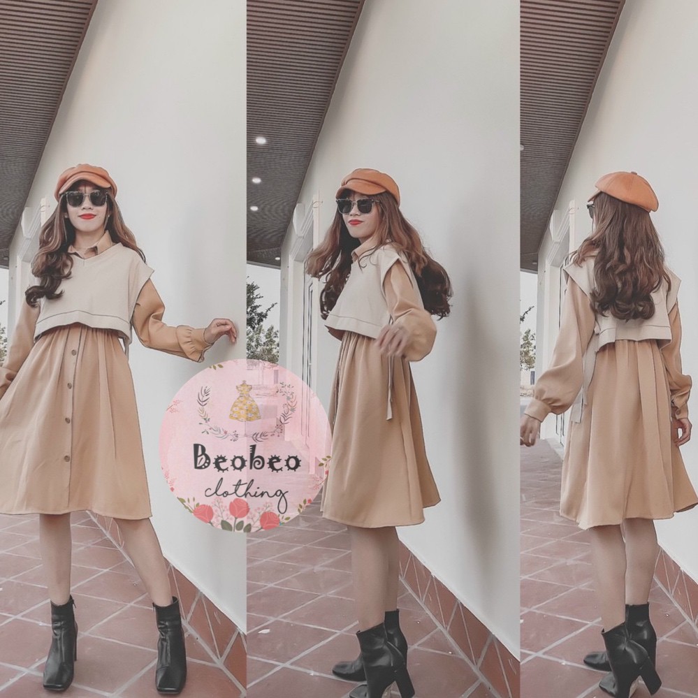 Set đầm sơ mi tay phồng phối nút kèm áo gile thắt nơ vintage