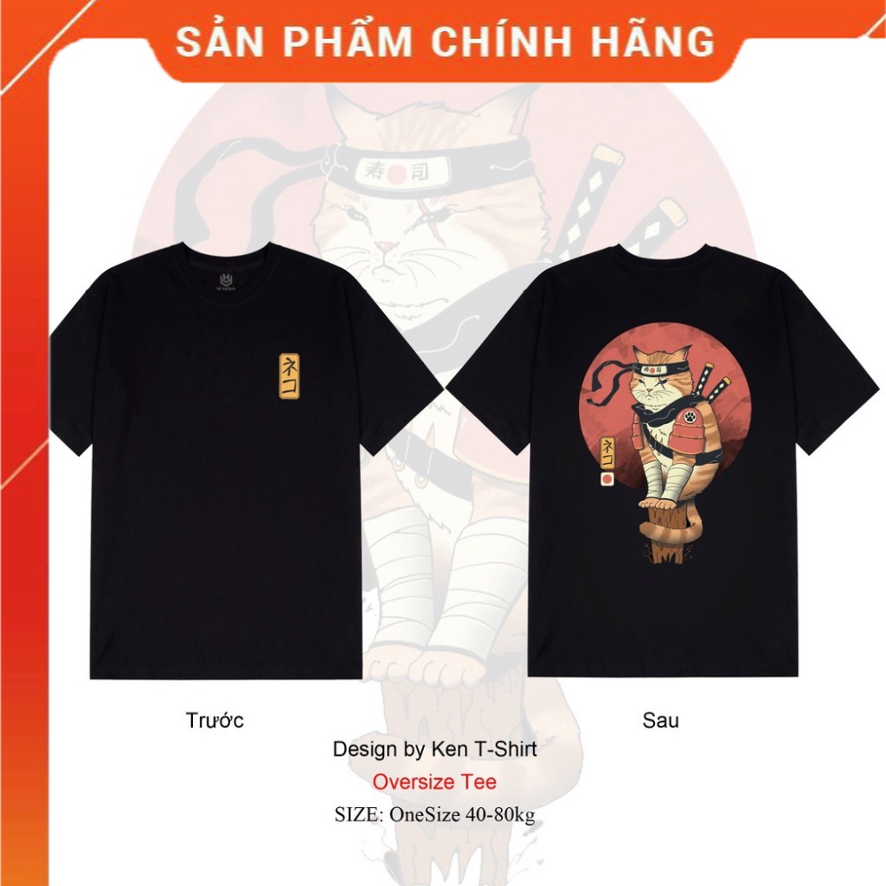 Áo Thun Tay Lỡ HY Korea In Hình Mèo Sammurai, Cotton 100%, Dày Mịn Mát